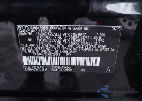 2010 Toyota Rav4 Limited V6 z USA, uszkodzony, nr VIN 2T3DK4DV5AW028088